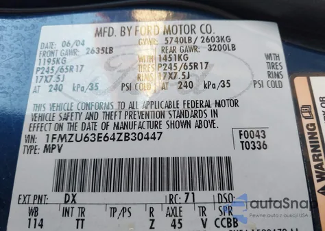 2004 Ford Explorer Xlt из США, поврежденный, VIN 1FMZU63E64ZB30447